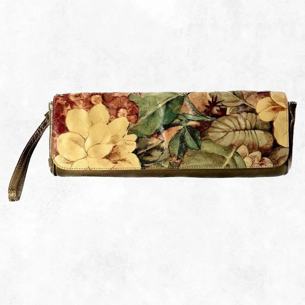 Maurizio Taiuti Italy Gold Leather Floral Clutch Wristlet Purse Made in Italy